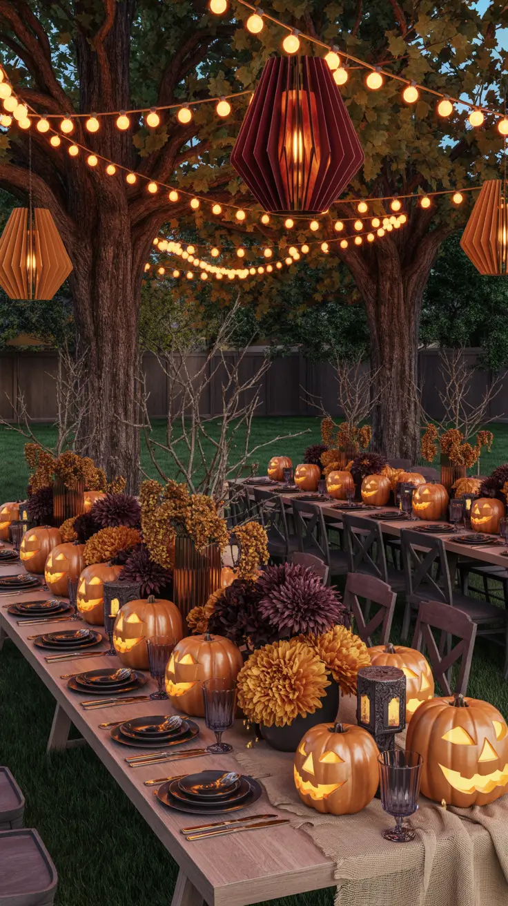 Outside Halloween Decorations Ideas 2026 24 — Elegant Outdoor Halloween Dinner Setup With String Lights