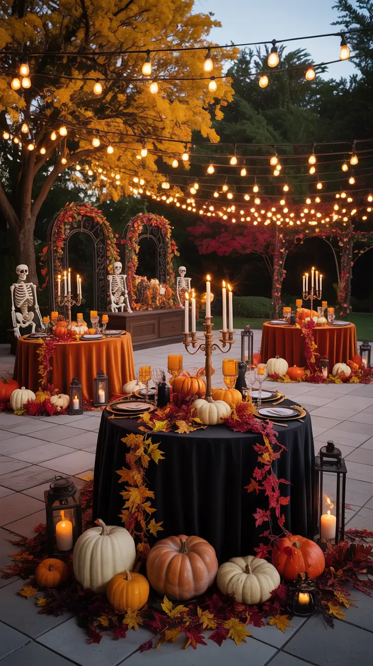 Outside Halloween Decorations Ideas 2026 24 — Elegant Outdoor Halloween Dinner Setup With String Lights