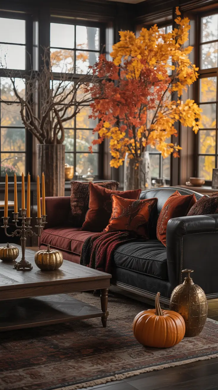 Outside Halloween Decorations Ideas 2026 25 — Moody Autumn Living Room With Glowing Pumpkins