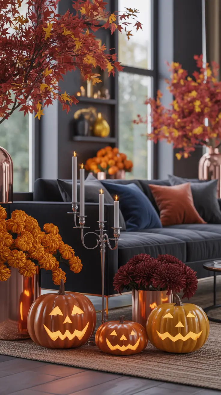 Outside Halloween Decorations Ideas 2026 25 — Moody Autumn Living Room With Glowing Pumpkins