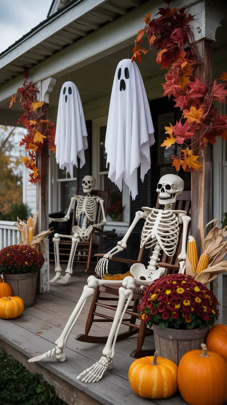 Outside Halloween Decorations Ideas 2026 26 — Classic Front Porch With Skeleton Rocking Chairs
