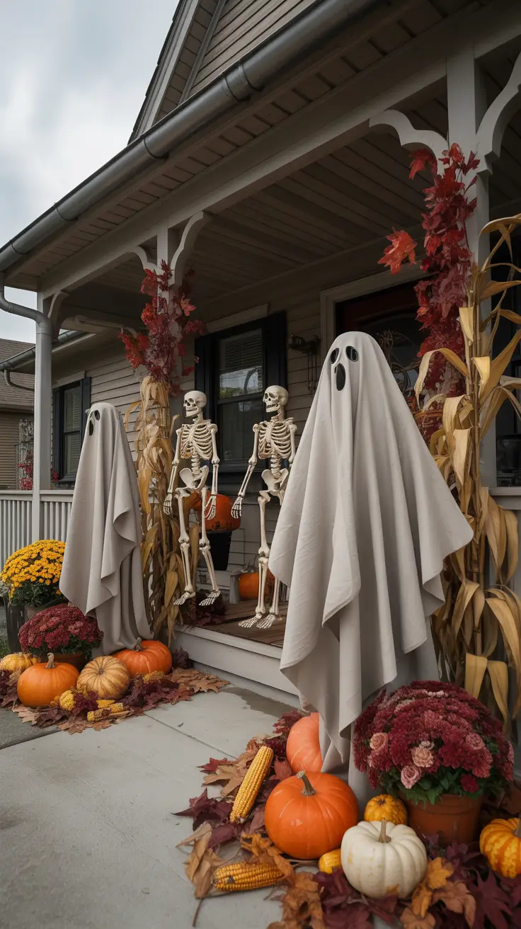 Outside Halloween Decorations Ideas 2026 26 — Classic Front Porch With Skeleton Rocking Chairs