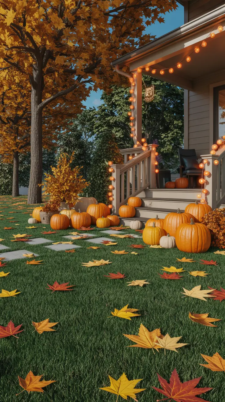 Outside Halloween Decorations Ideas 2026 27 — Bright Lawn Display With String Lights And Pumpkins