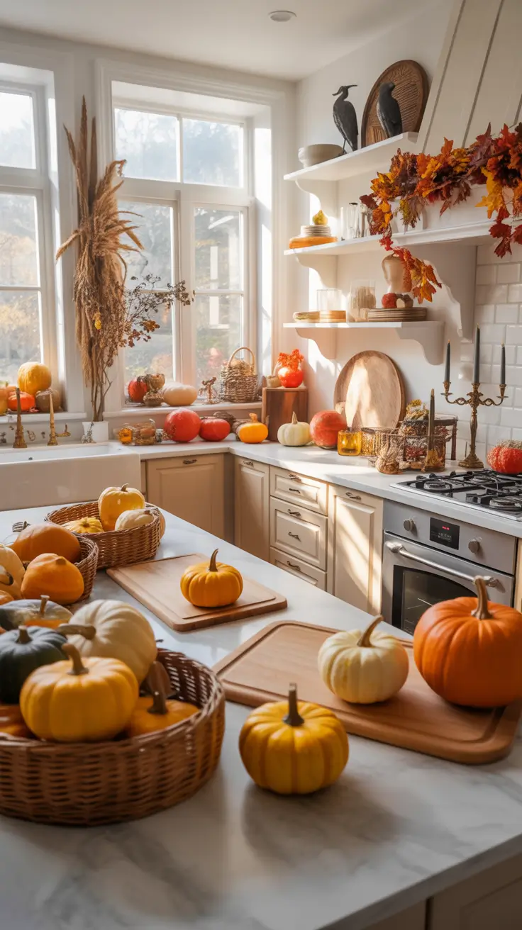 28-halloween-kitchen-decor-ideas-2026 Modern Island Halloween Decor Inspired by Golden Hour