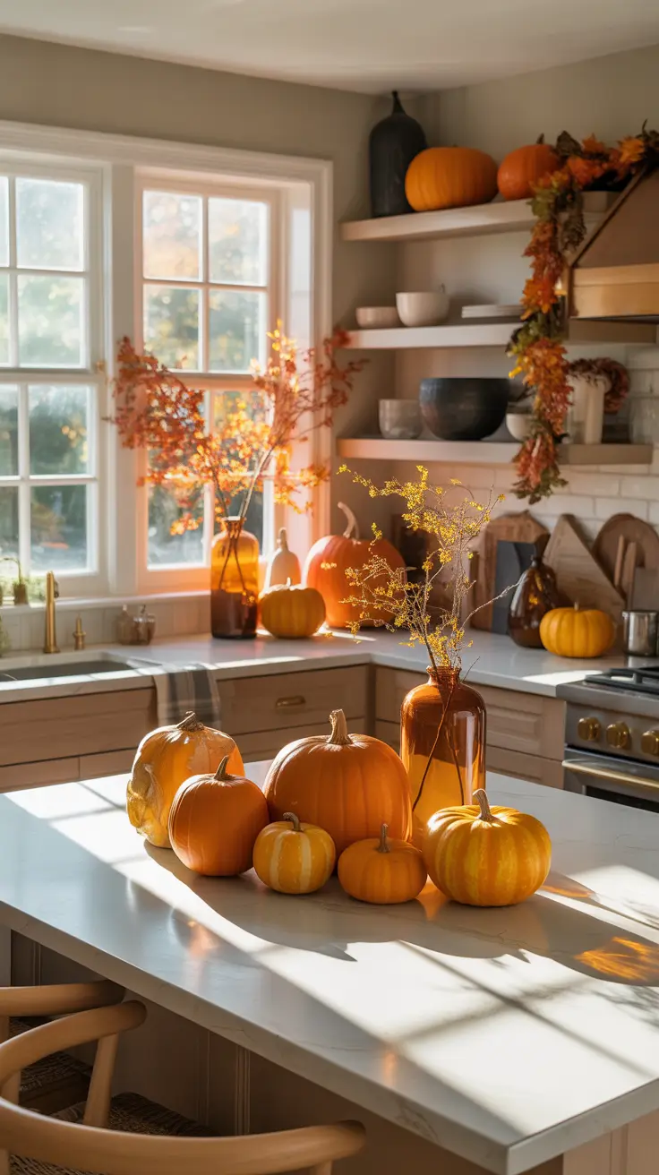 28-halloween-kitchen-decor-ideas-2026 Modern Island Halloween Decor Inspired by Golden Hour