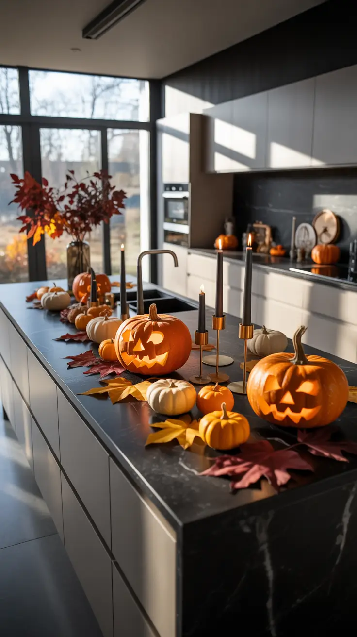 28-halloween-kitchen-decor-ideas-2026 Modern Candlelit Halloween Kitchen Decor with Statement Jack-O’-Lanterns