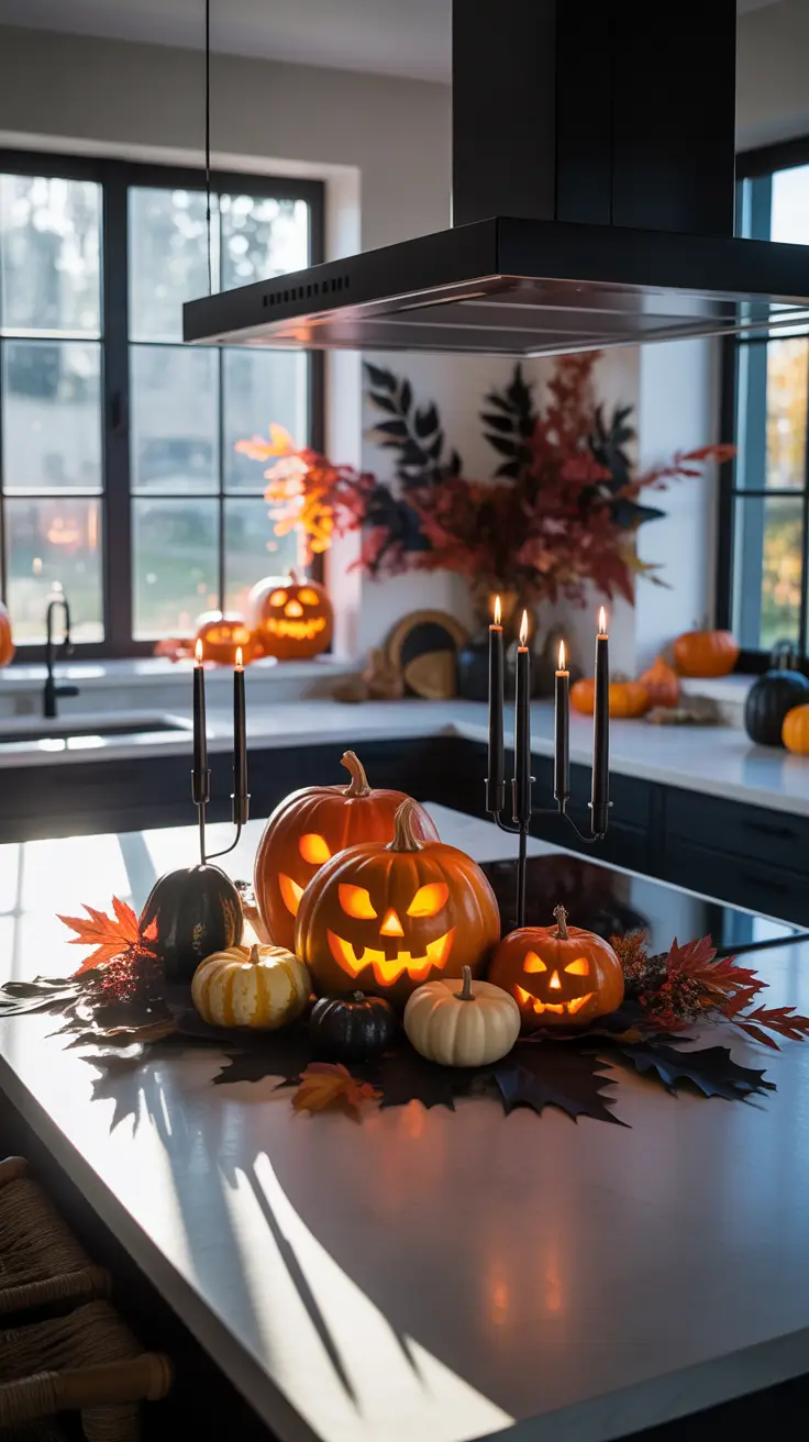 28-halloween-kitchen-decor-ideas-2026 Modern Candlelit Halloween Kitchen Decor with Statement Jack-O’-Lanterns
