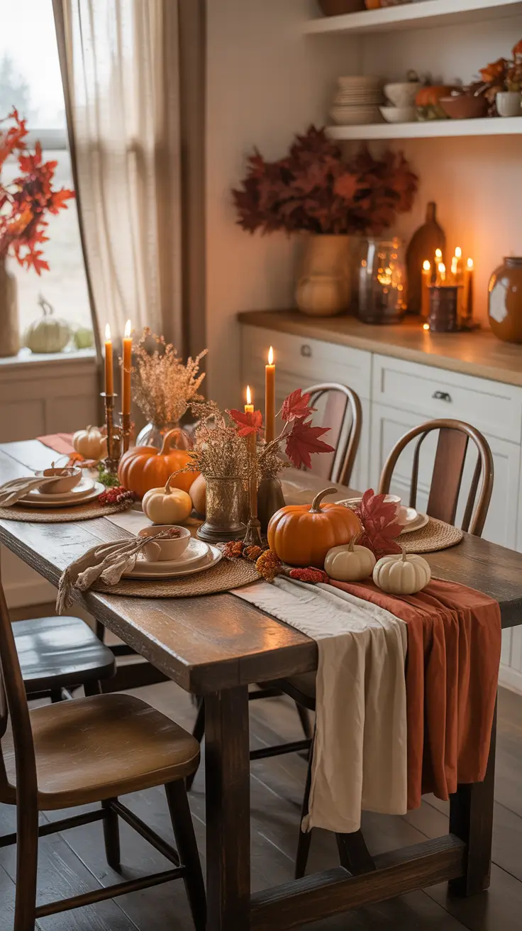 28-halloween-kitchen-decor-ideas-2026 Cozy Autumn Table Halloween Kitchen Decor with Soft Textiles