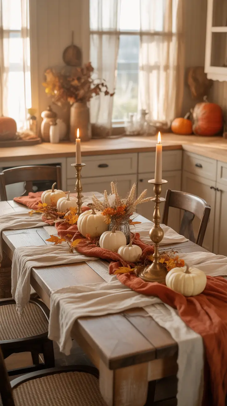 28-halloween-kitchen-decor-ideas-2026 Cozy Autumn Table Halloween Kitchen Decor with Soft Textiles