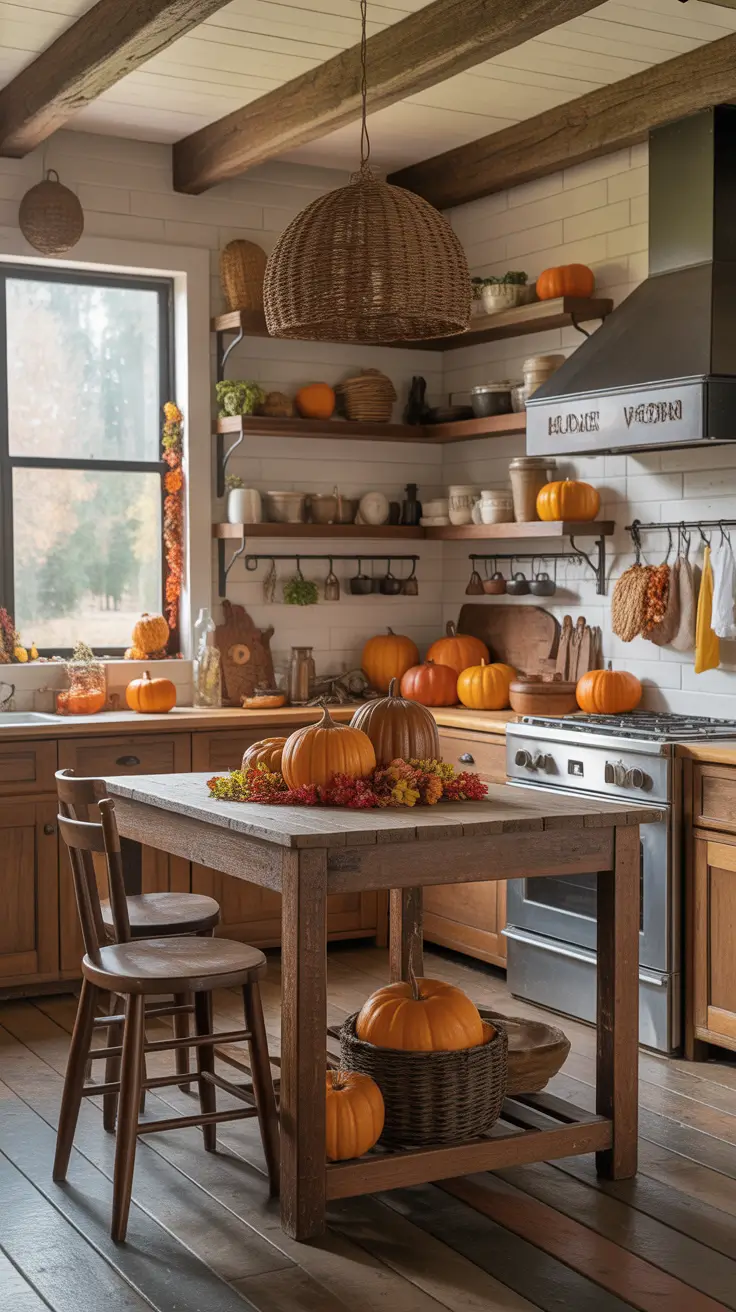 28-halloween-kitchen-decor-ideas-2026 Rustic Farmhouse Halloween Kitchen Decor with Harvest Layers
