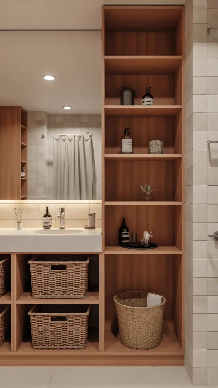 Bathroom Organizer Ideas 2026 23 – Open Wood Shelf Bathroom Organizer Ideas With Woven Baskets