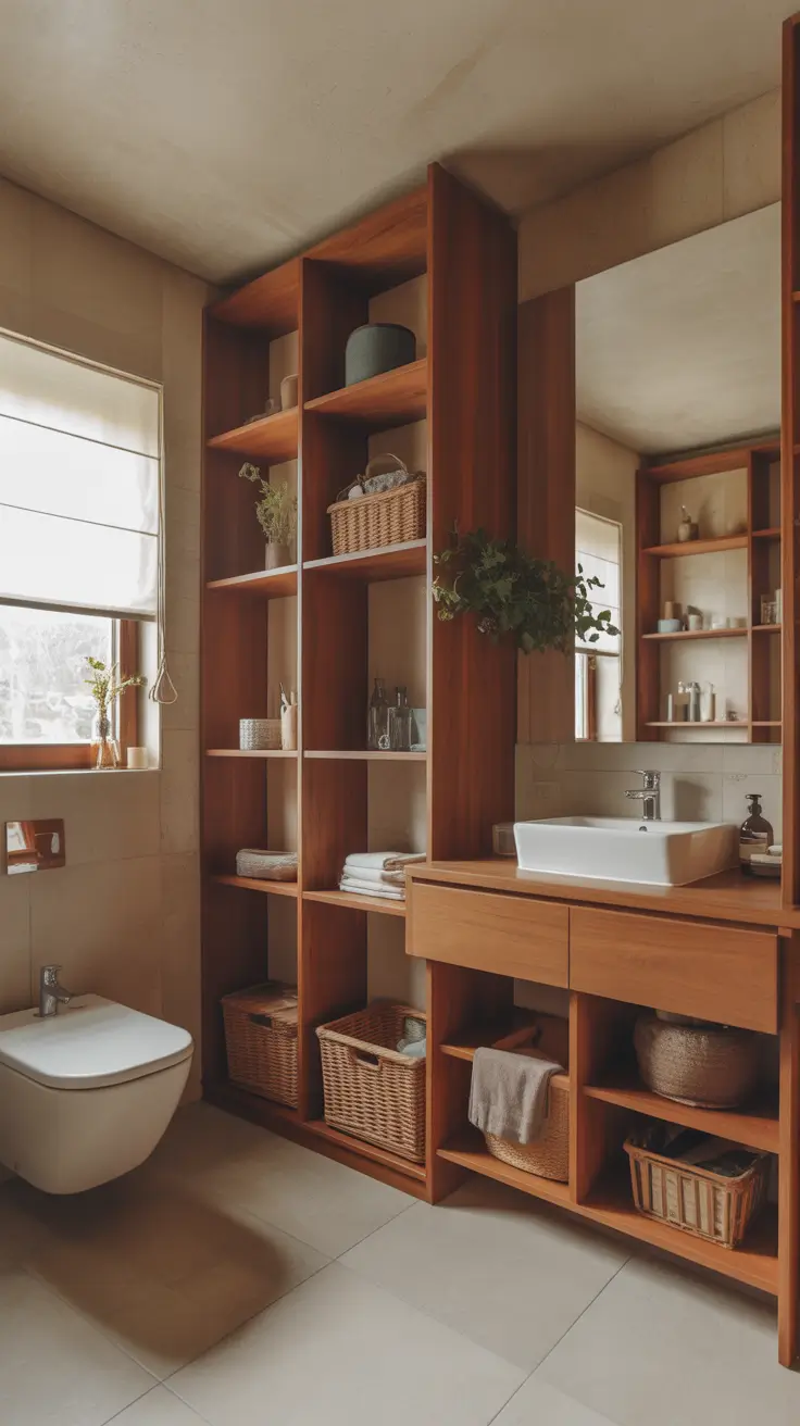 Bathroom Organizer Ideas 2026 23 – Open Wood Shelf Bathroom Organizer Ideas With Woven Baskets