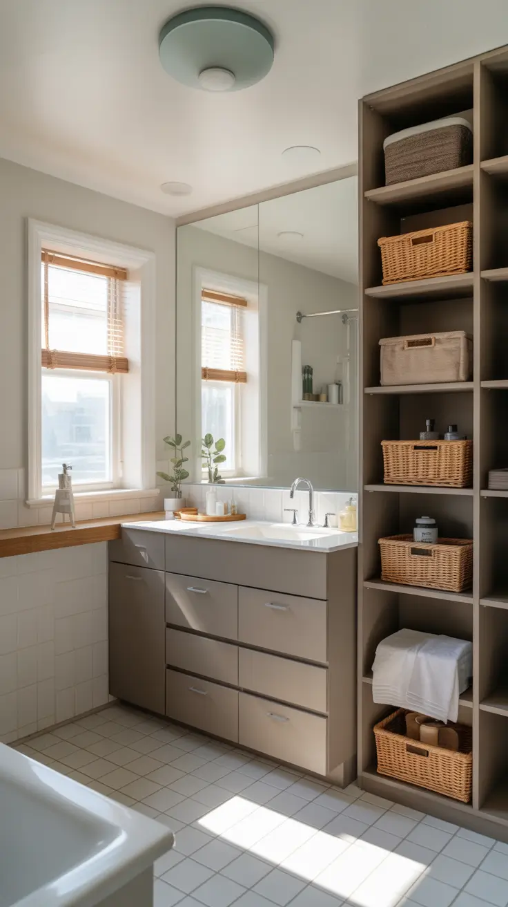 Bathroom Organizer Ideas 2026 27 – Double Sink Bathroom Storage Ideas With Open Mirror Shelving