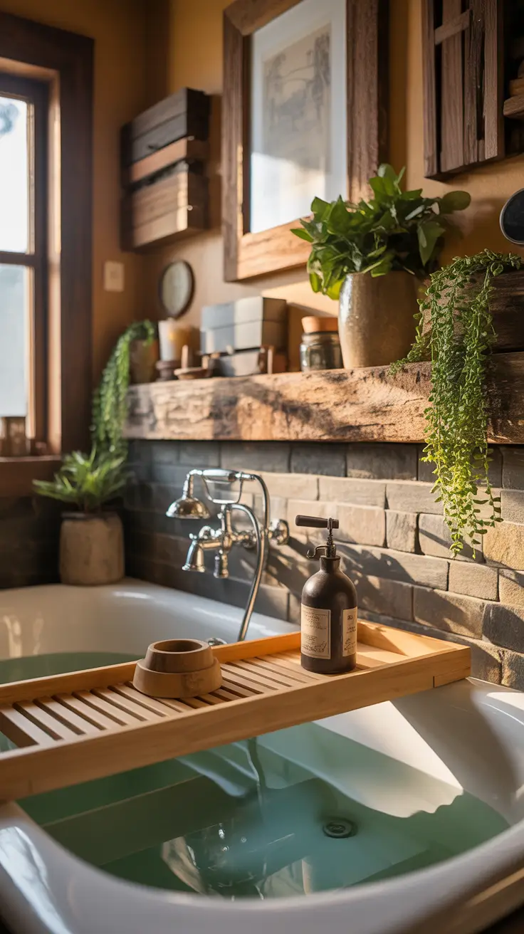 Bathroom Wall Decor Ideas Over Tub With Rustic Wood And Greenery