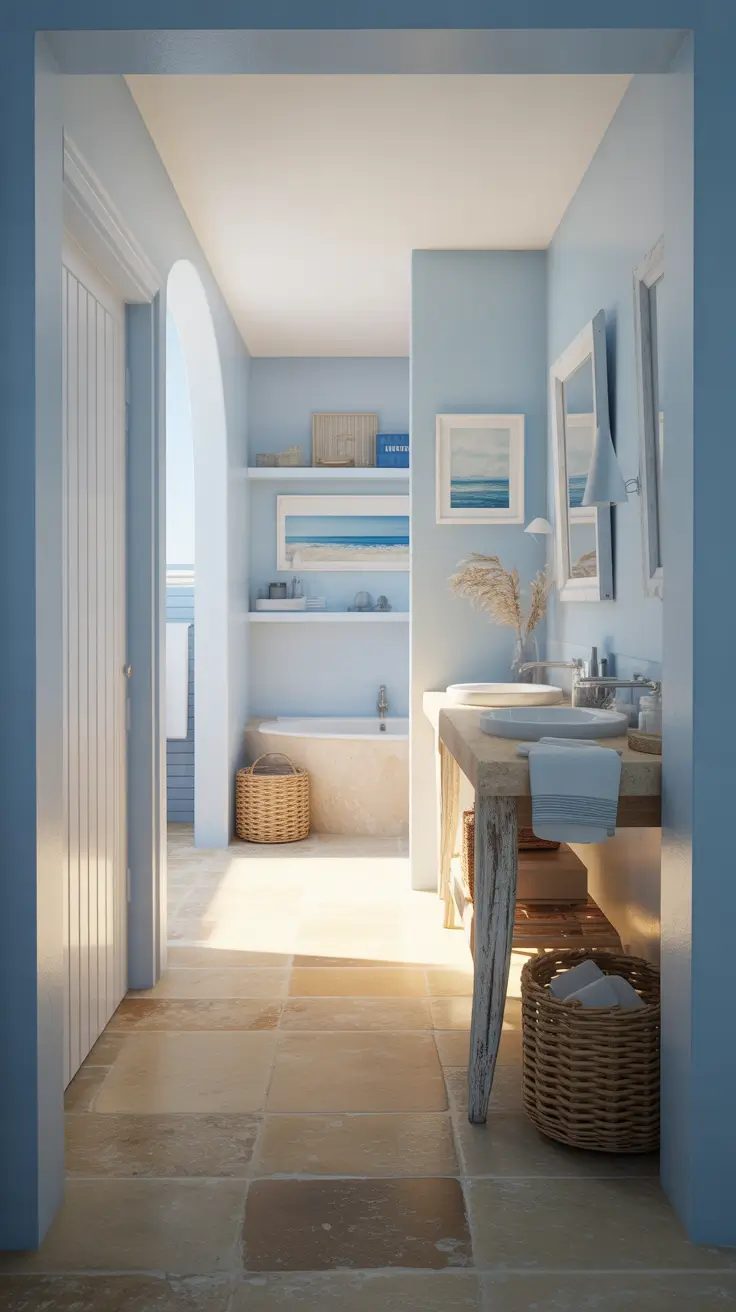Bathroom Wall Decor Ideas Coastal With Soft Blue And Sandy Neutrals