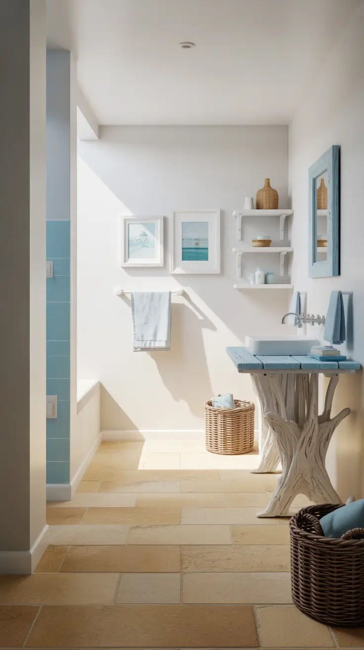 Bathroom Wall Decor Ideas Coastal With Soft Blue And Sandy Neutrals