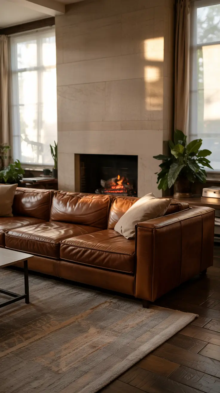 Bedroom Bench Ideas 2026 Brown Leather Design With Fireplace