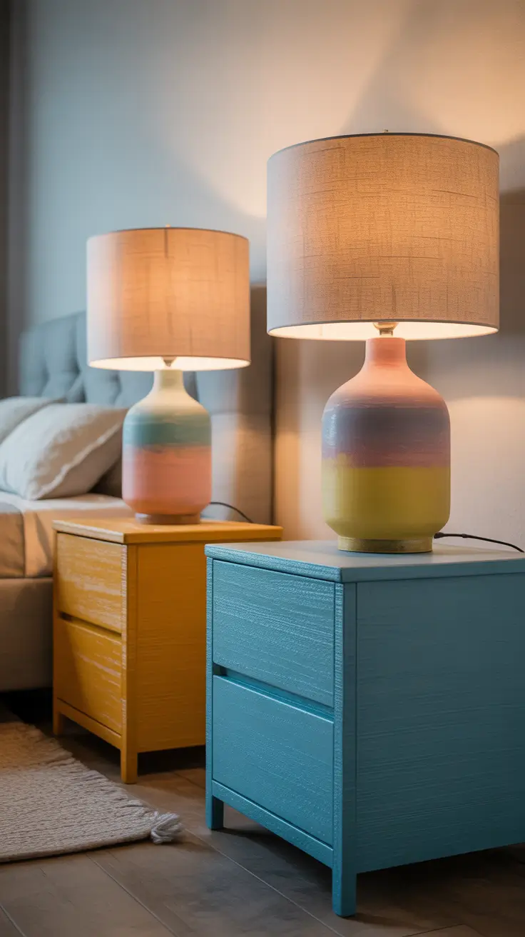 DIY Bedroom Lamps Ideas With Painted Bases And Textured Shades