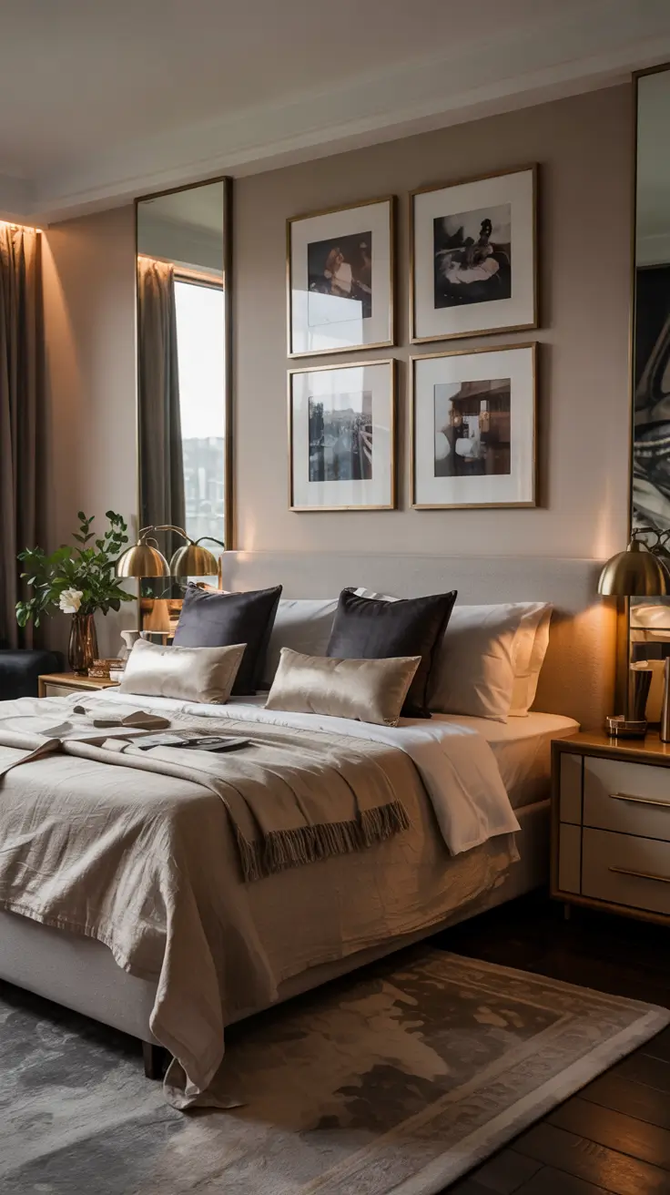 Bedroom Wall Decor Ideas 2026 16 — Bedroom Wall Decor Ideas With Framed Photo Symmetry and Warm Lighting