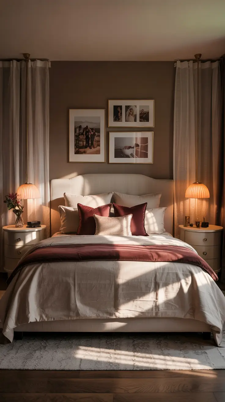 Bedroom Wall Decor Ideas 2026 16 — Bedroom Wall Decor Ideas With Framed Photo Symmetry and Warm Lighting