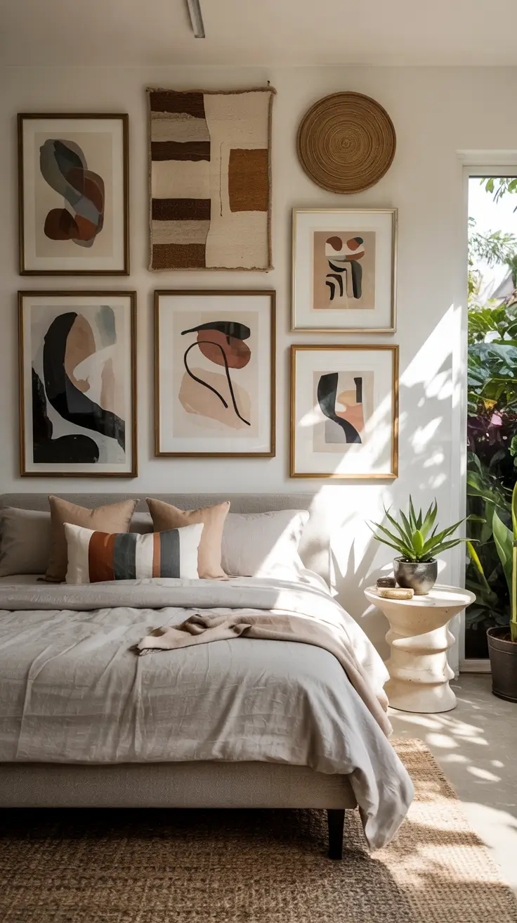 Bedroom Wall Decor Ideas 2026 18 — Bedroom Wall Decor Ideas Mixing Textiles, Art, and Organic Accents