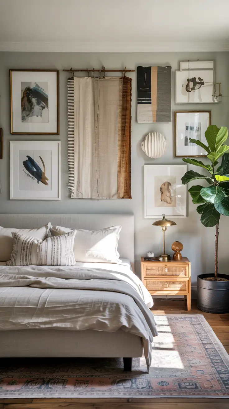 Bedroom Wall Decor Ideas 2026 18 — Bedroom Wall Decor Ideas Mixing Textiles, Art, and Organic Accents