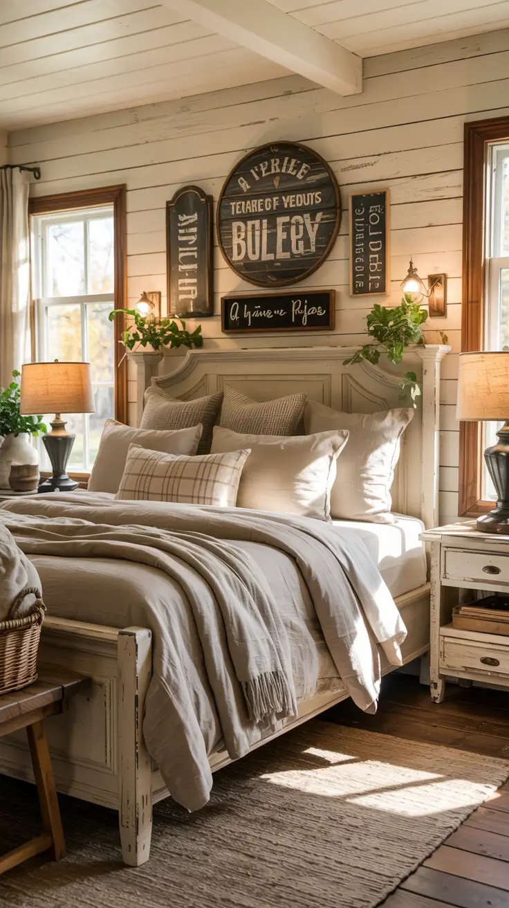 Bedroom Wall Decor Ideas 2026 19 — Bedroom Wall Decor Ideas With Rustic Farmhouse Signs and Shiplap Walls