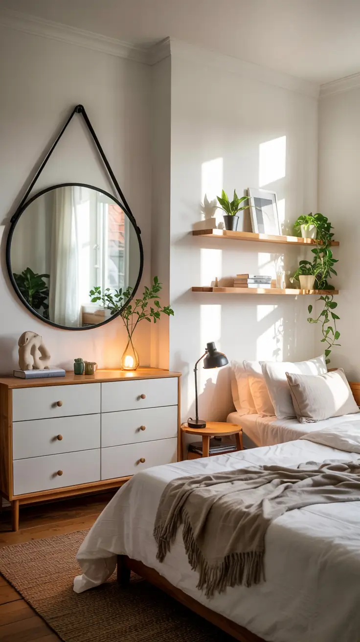 Bedroom Wall Decor Ideas 2026 22 — Bedroom Wall Decor Ideas With Round Mirrors and Floating Storage