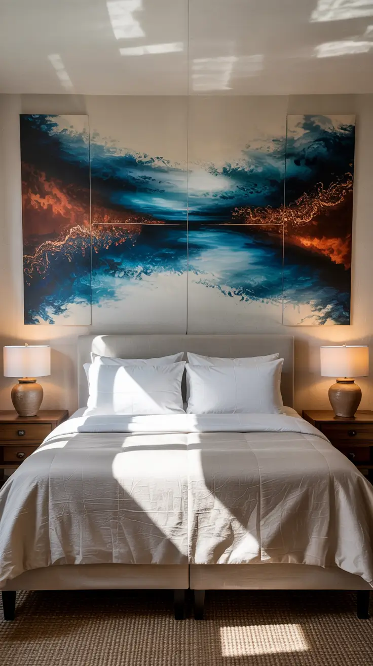 Bedroom Wall Decor Ideas 2026 02 — Bedroom Wall Decor Ideas Above Bed With Oversized Bed Paintings Prints