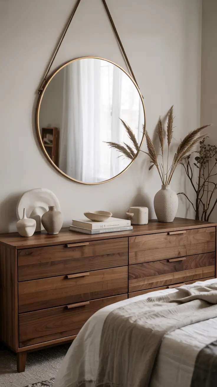 Bedroom Wall Decor Ideas 2026 04 — Bedroom Wall Decor Ideas Above Dresser Featuring Circle Mirror Designs