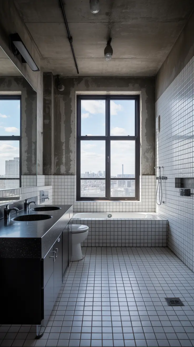 Black And White Bathroom Ideas 2026 14 - Industrial Black And White Bathroom Style With Urban Edge