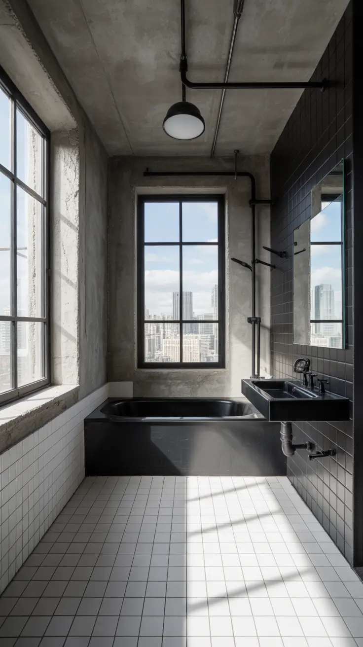 Black And White Bathroom Ideas 2026 14 - Industrial Black And White Bathroom Style With Urban Edge