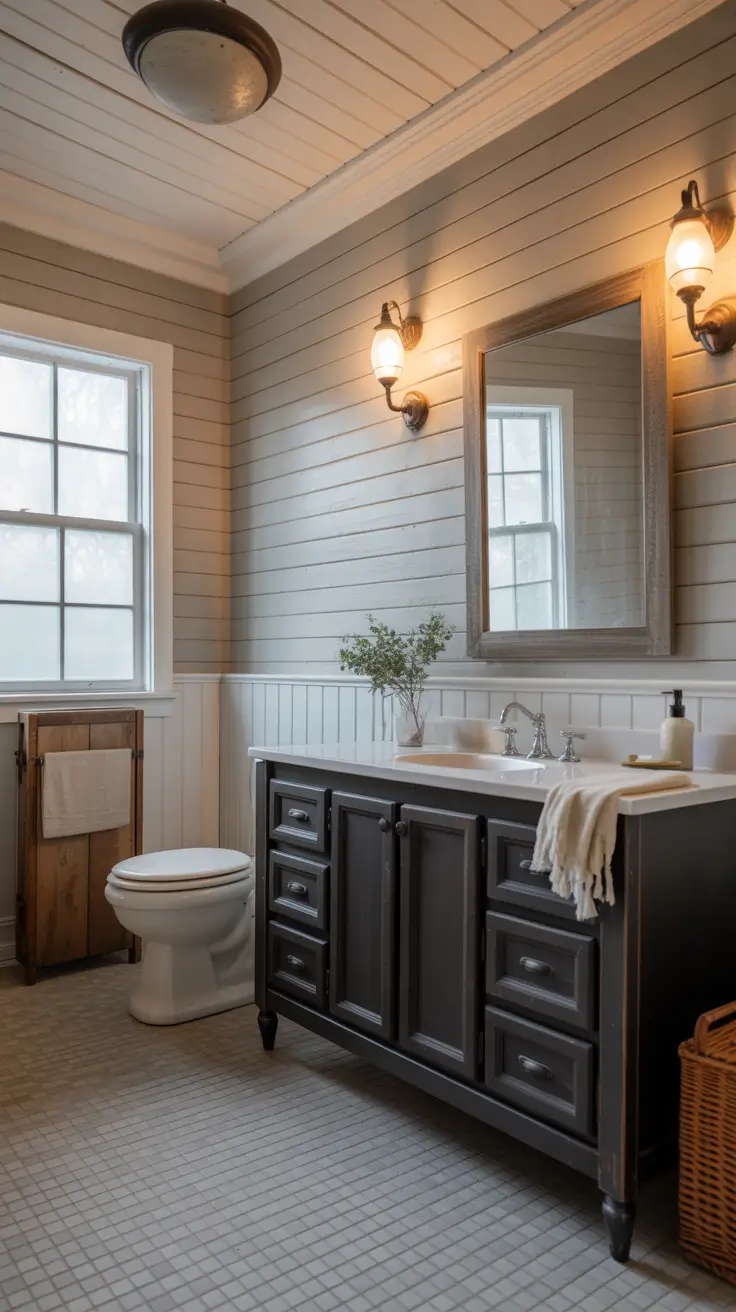 Black And White Bathroom Ideas 2026 17 - Farmhouse White Bathroom With Black Accents And Rustic Details