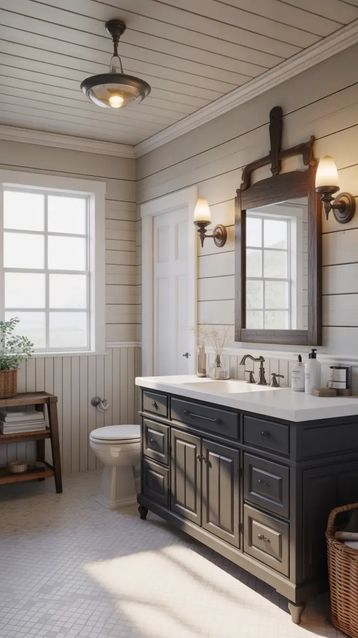 Black And White Bathroom Ideas 2026 17 - Farmhouse White Bathroom With Black Accents And Rustic Details