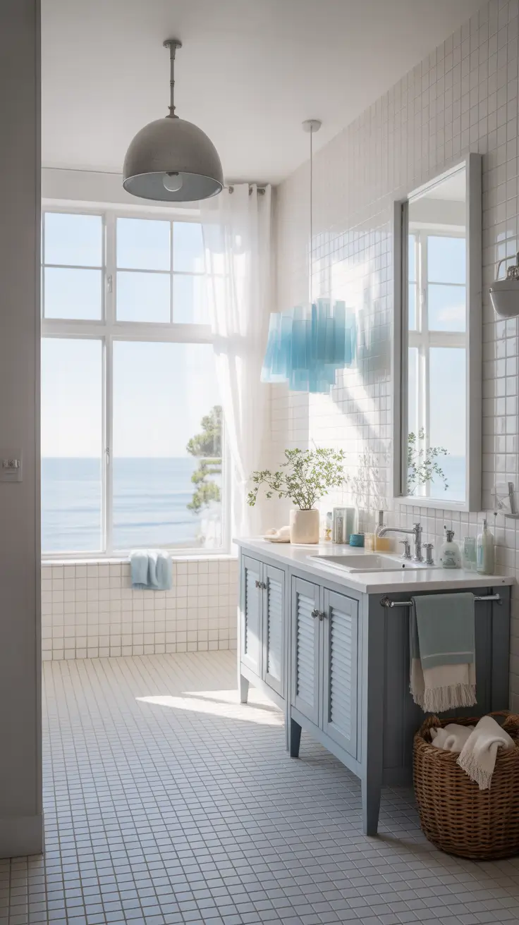 Black And White Bathroom Ideas 2026 18 - Coastal Black And White Bathroom With Blue Accents