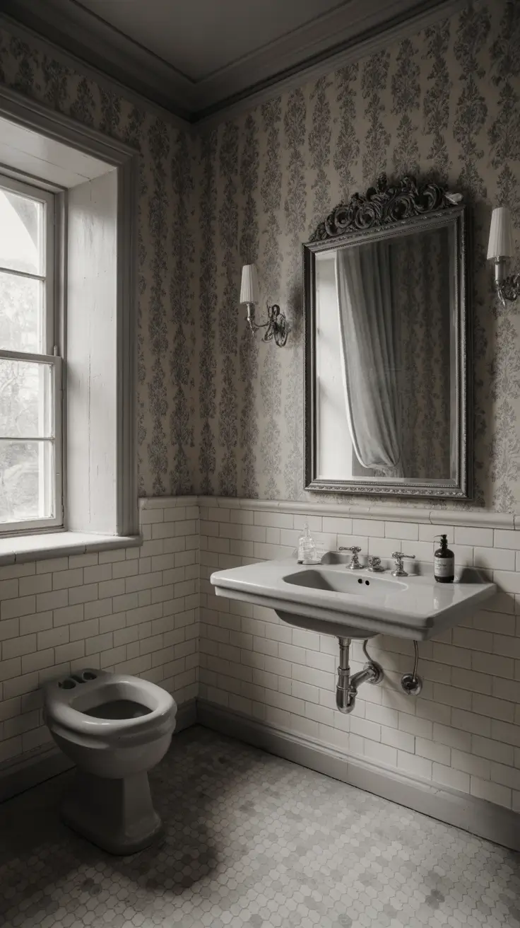 Black And White Bathroom Ideas 2026 24 - Vintage Bathroom With Elegant Wallpaper