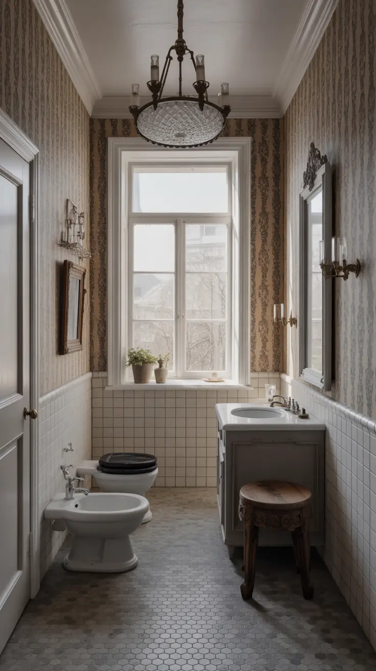 Black And White Bathroom Ideas 2026 24 - Vintage Bathroom With Elegant Wallpaper