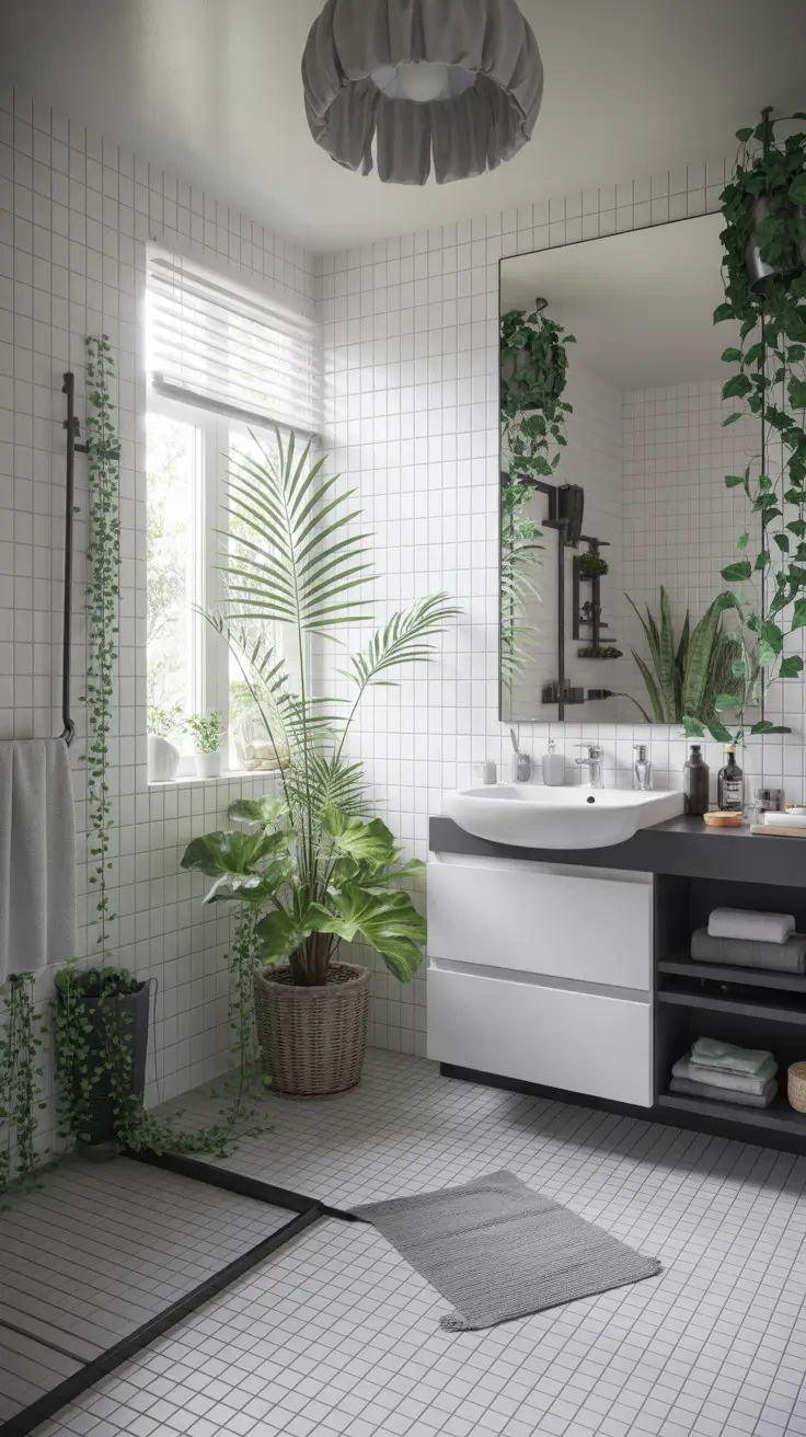 Black And White Bathroom Ideas 2026 26 - Minimalist Bathroom With Green Plants