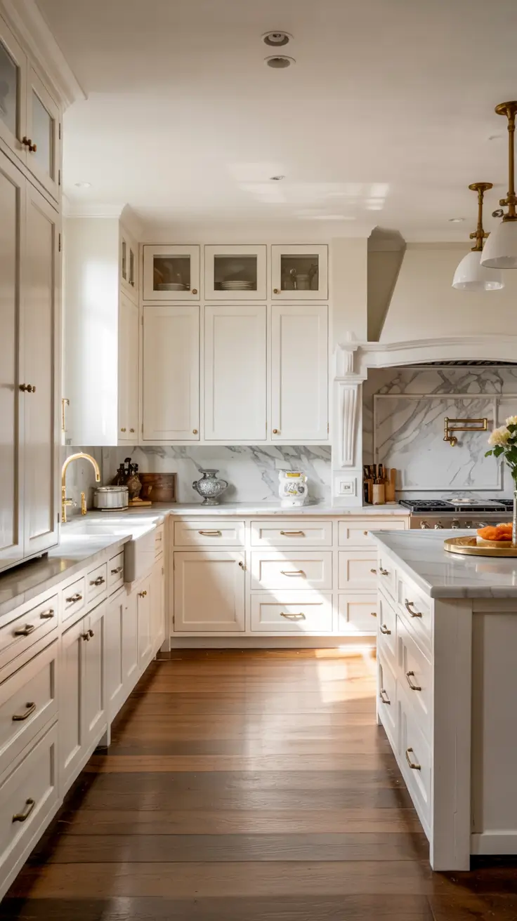 Cozy Kitchen Ideas With White Cabinets And Brass Hardware