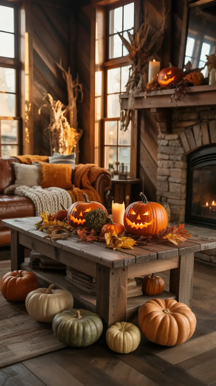 Fall Halloween Decor Ideas 2026 Rustic Living Room With Carved Pumpkins