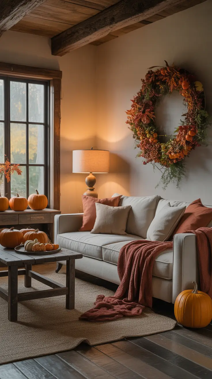 Fall Halloween Decor Ideas 2026 Rustic Living Room With Carved Pumpkins