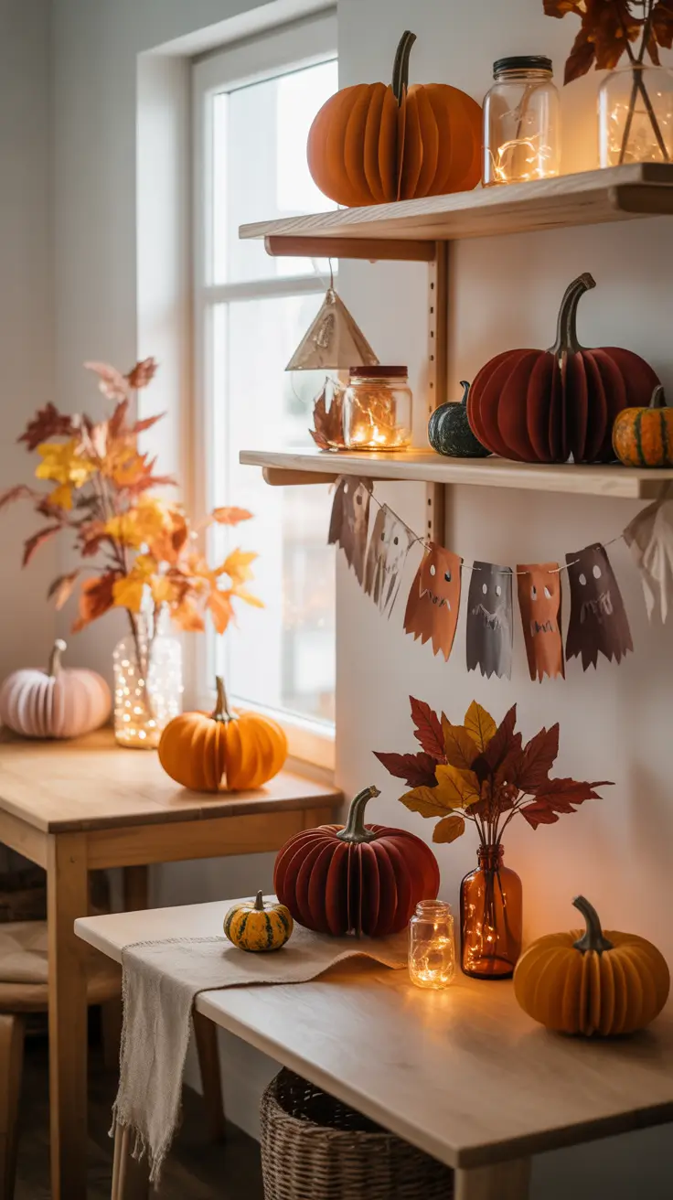Fall Halloween Decor Ideas 2026 Cozy Corner With Shelves And Warm Glow