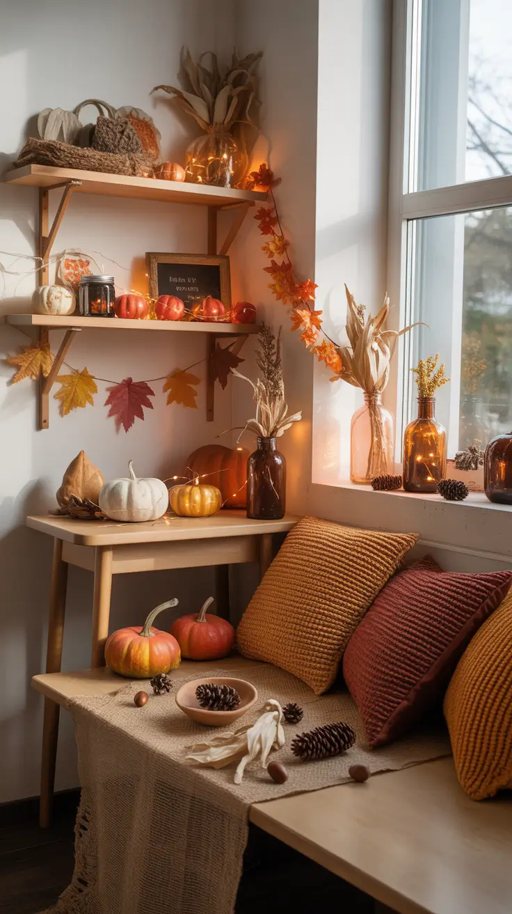 Fall Halloween Decor Ideas 2026 Cozy Corner With Shelves And Warm Glow