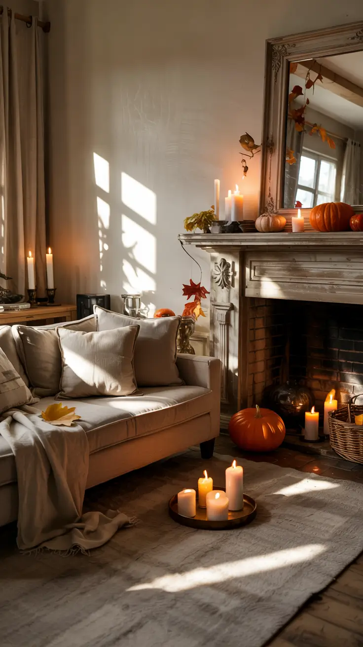 Farmhouse Halloween Living Room Decor Ideas With Candlelit Charm