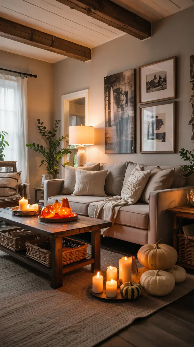 Farmhouse Halloween Living Room Decor Ideas With Candlelit Charm