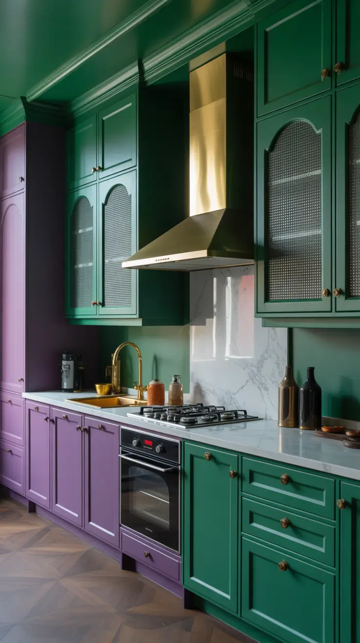 Green Kitchen Ideas 2026 Bold Purple And Emerald Green Kitchen Ideas With Artistic Flair
