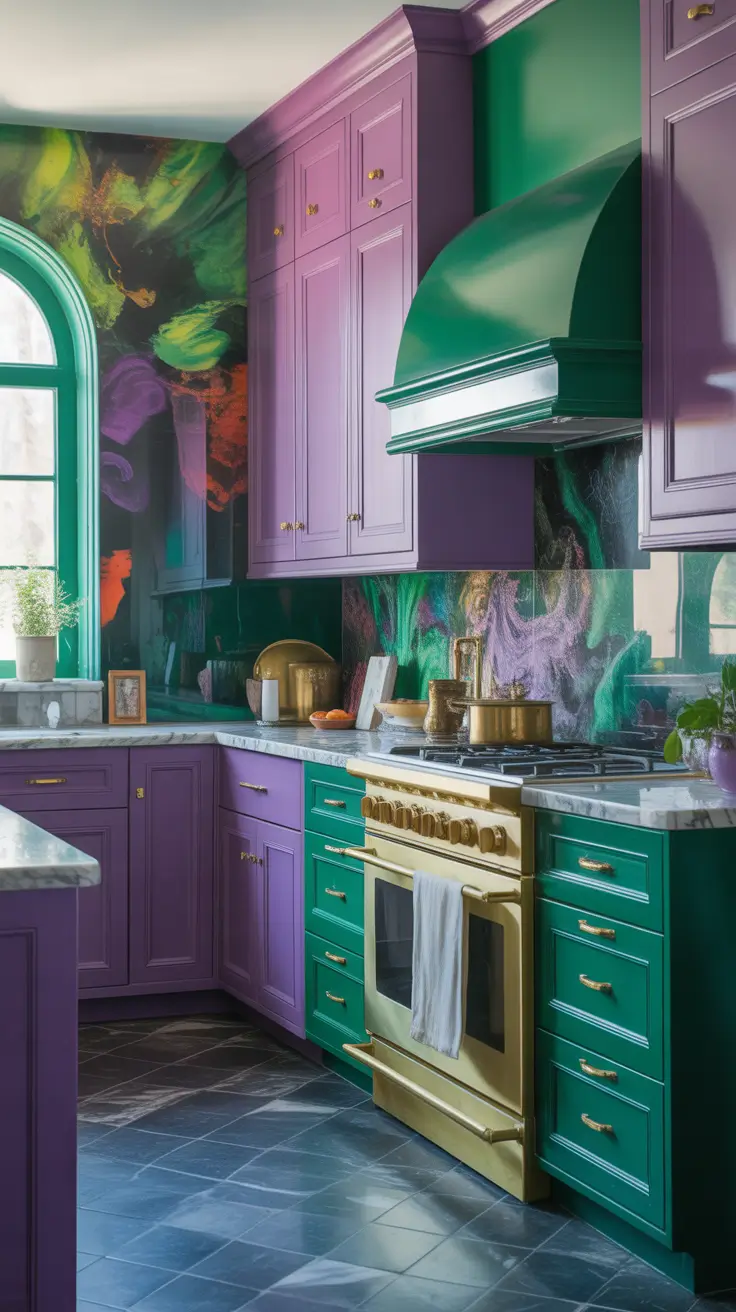 Green Kitchen Ideas 2026 Bold Purple And Emerald Green Kitchen Ideas With Artistic Flair