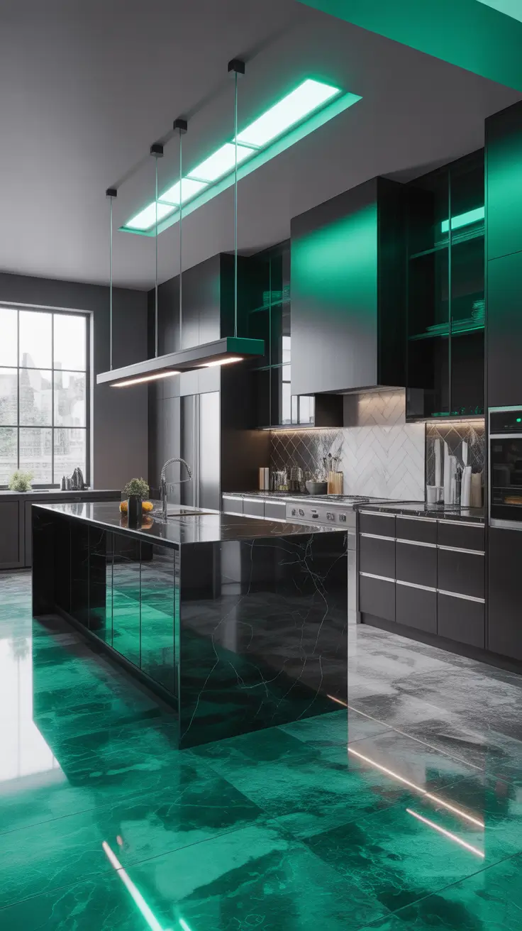 Green Kitchen Ideas 2026 Neon Emerald High-Gloss Kitchen With Futuristic Drama
