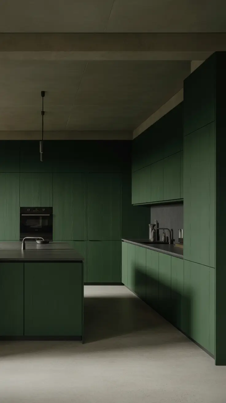 Green Kitchen Ideas 2026 Deep Forest Green Minimalist Kitchen With Architectural Calm