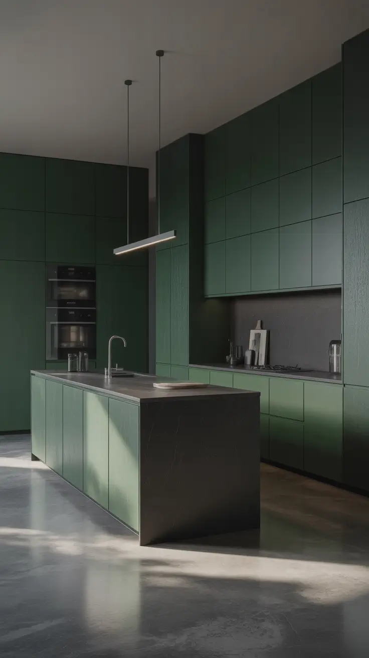 Green Kitchen Ideas 2026 Deep Forest Green Minimalist Kitchen With Architectural Calm